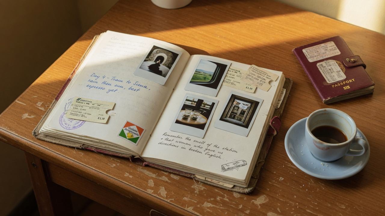 A finished travel journal on a desk with polaroids, tickets, and notes.